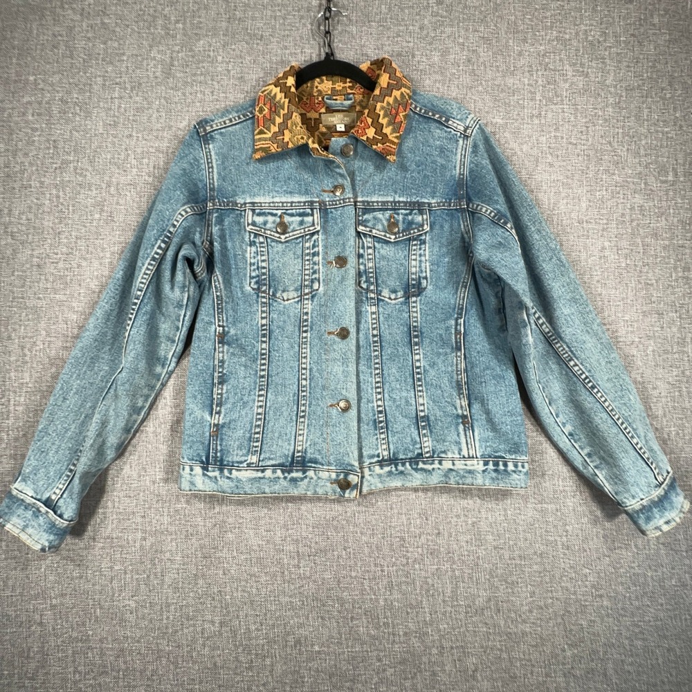 Vintage Territory Ahead Trucker Jacket Womens M Tapestry Collar Western Denim